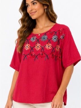 AZ NWT Embroidered Floral Viscose Blouse Red S/M Boho Top